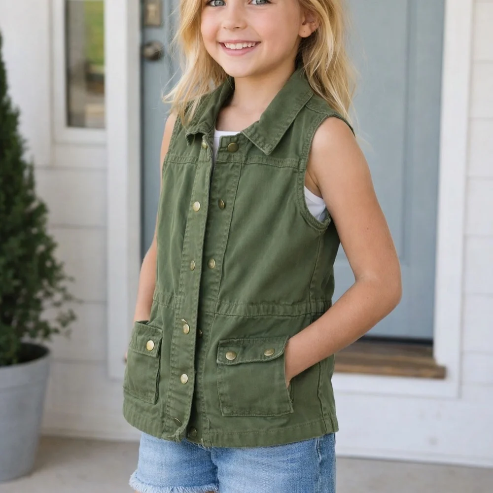 Cherokee Olive Green Cargo Vest Kids Utility Jacket Snap Front Size 4/5T XS